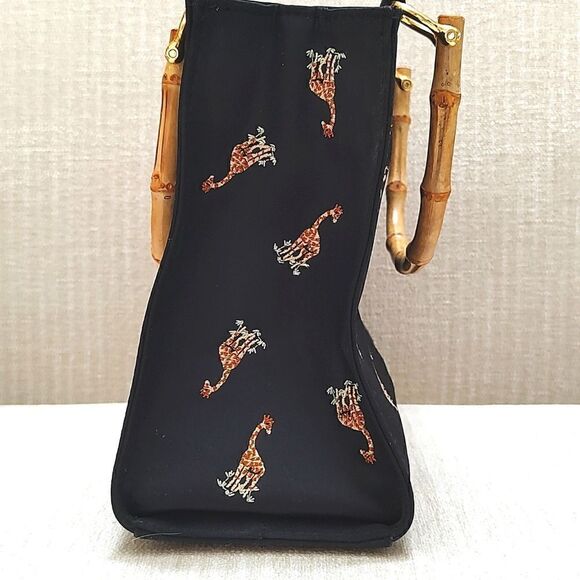 Prezzo Embroidered Giraffe Black Mini Tote Bag with Bamboo Handles - Picture 3 of 10